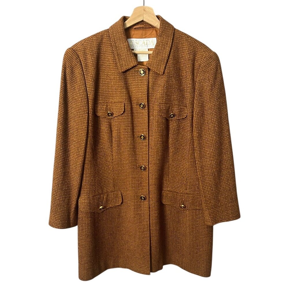 Vintage Escada Margaretha Ley Wool Blend Tweed Blazer Orange Size 14 Gold Button